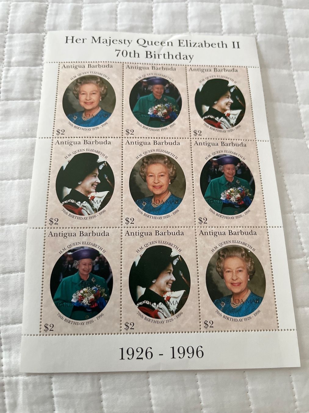 Tutti i francobolli: Briefmarken Antigua Queen Elizabeth II 1996 – Nuovo e nell'imballaggio originale da Zürich venduto da engebrunau