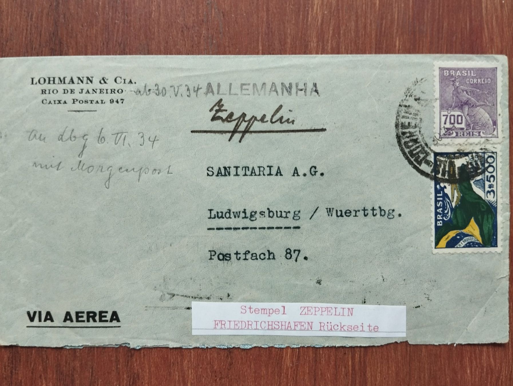 Tutti i francobolli: Zeppelin Luftpost von Brasilien 1934 – Usato da Villars-sur-Glâne venduto da MiguelDelgado