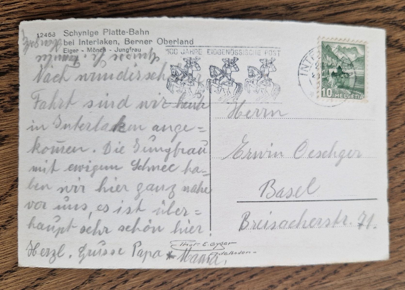 Cartoline postali: Schynige Platte-Bahn, Stempel 100 Jahre Eidg. Post 1949 – Usato da Ebikon venduto da Donar50 3