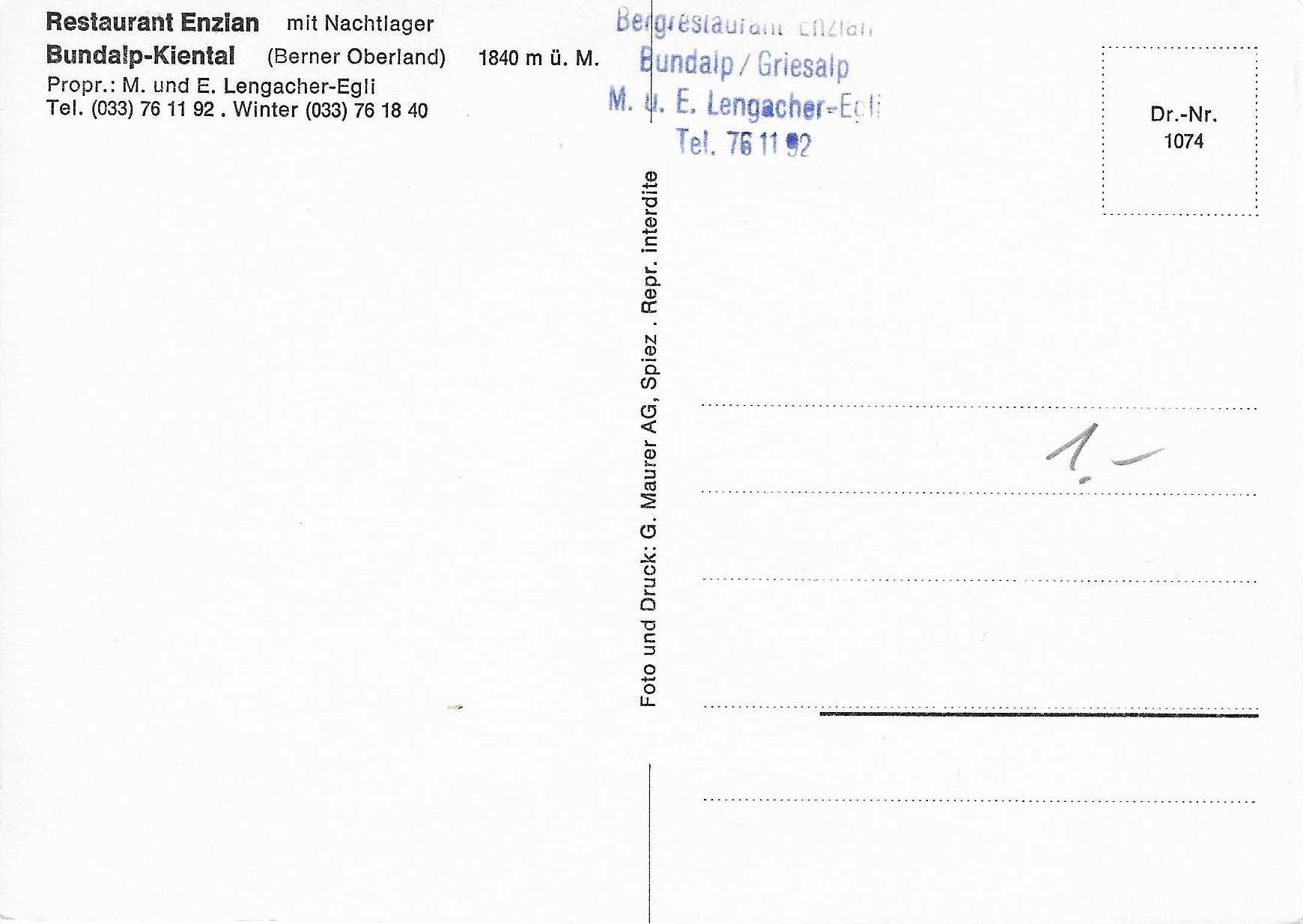Cartoline postali: Restaurant Enzian Bundalp-Kiental BE – Nuovo (secondo la descrizione) da Rothrist venduto da Stranglehold 1