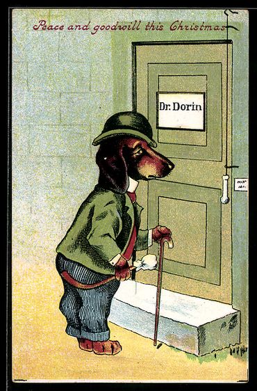 Cartoline postali: Dackel in Anzug mit Melone vor der Haust – Usato da Berlin venduto da bartko-reher
