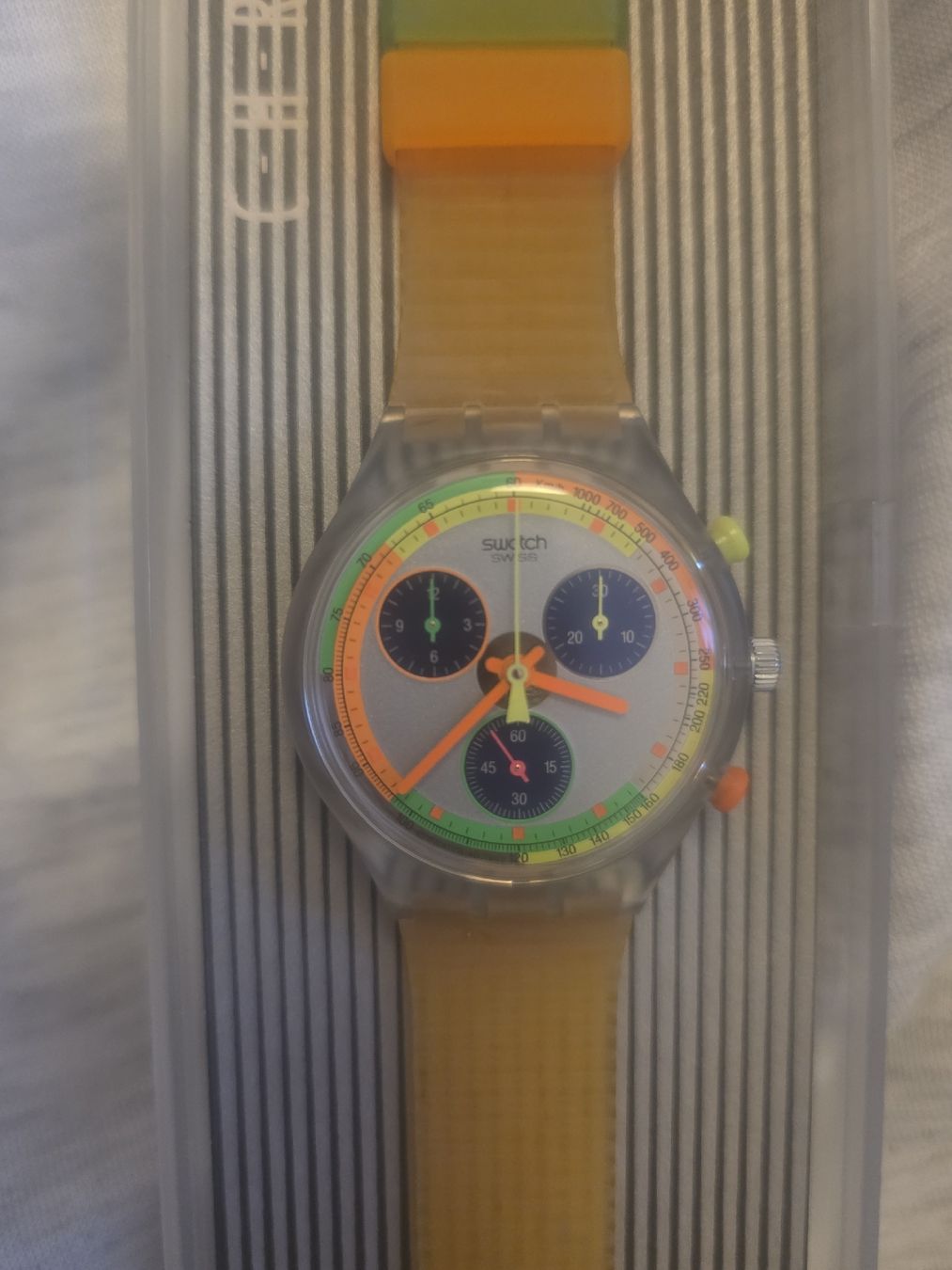 Swatch Orologi: Originalverpackte Swatch-Chrono Uhr 1993 – Nuovo e nell'imballaggio originale da Bern venduto da T.Rochow 1