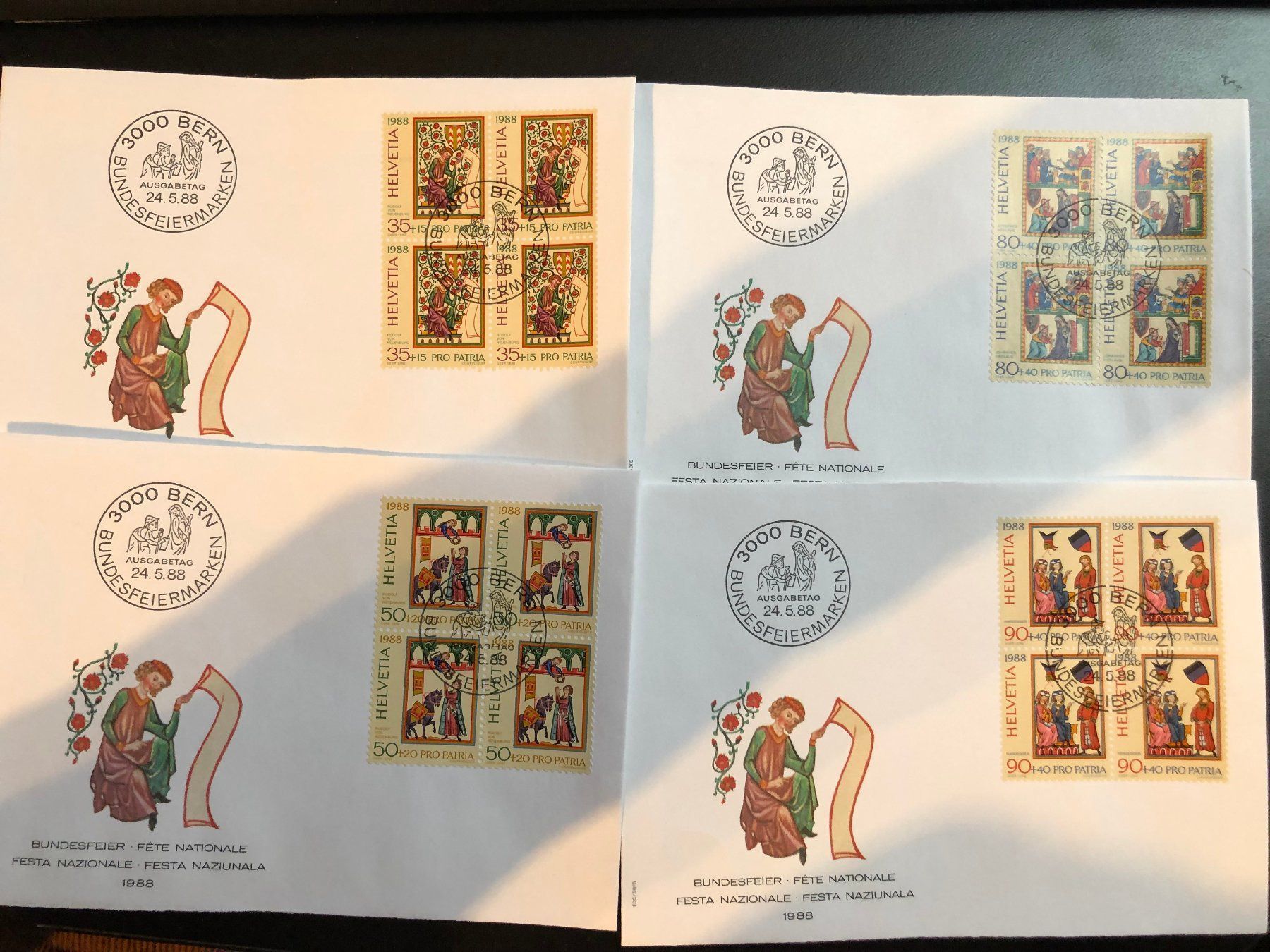 Tutti i francobolli: 4 FDC blocs de 4 Pro Patria 1988 – Usato da Charmey (Gruyère) venduto da Rolando6