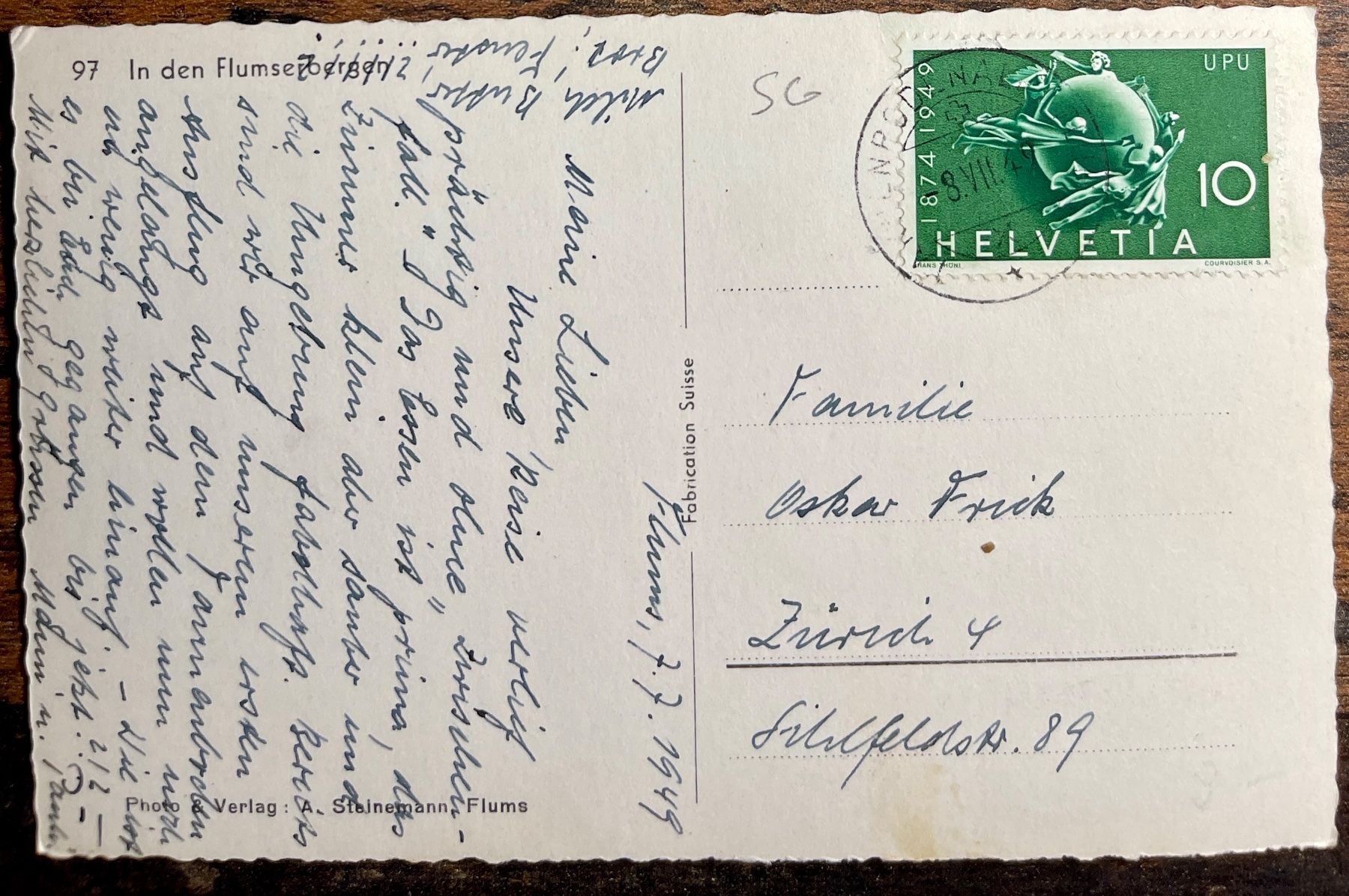 Cartoline postali: FLUMSELBERGEN - 1949 – Usato da Lutry venduto da Ediego 1