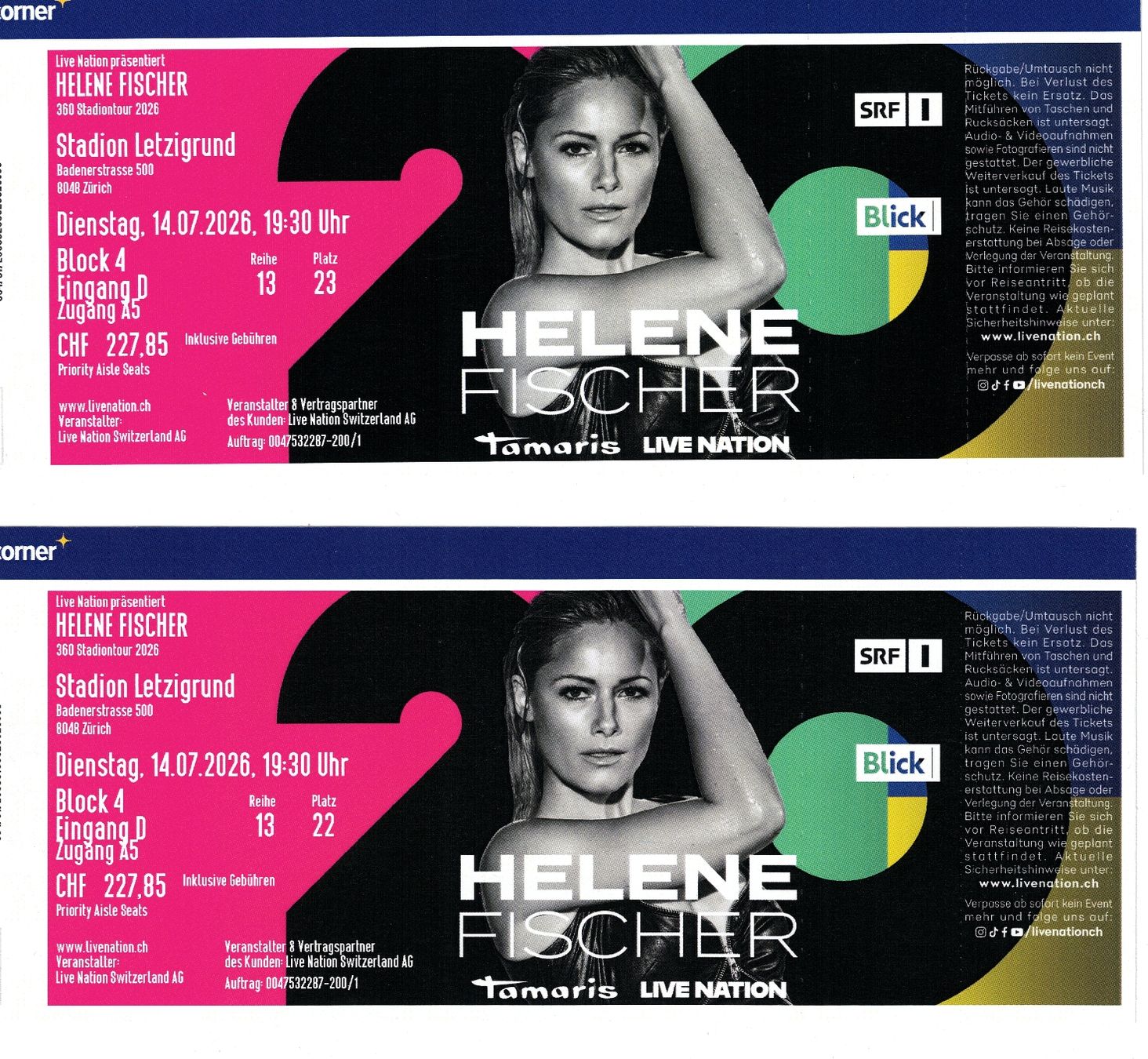Biglietti: 2 Helene Fischer Tickets - Priority Aisle Seats – Nuovo e nell'imballaggio originale da Bichelsee venduto da Surli1