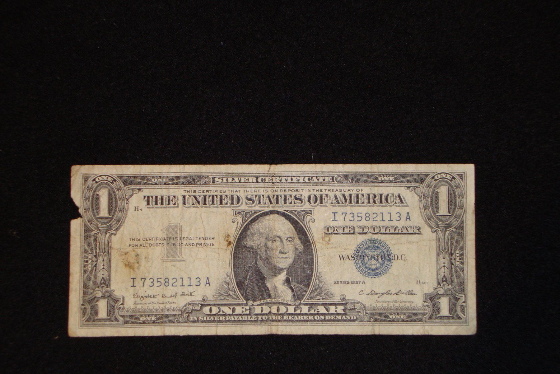 Banknoten: silver certificate - One Dollar USA 1957 - I73582113A – Defekt aus Unterbäch von vaqwa