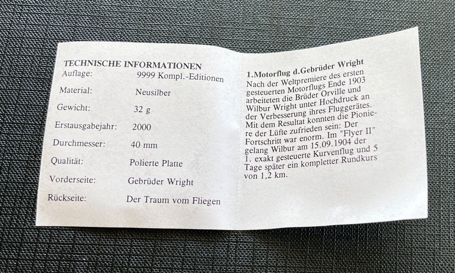 Medaillen: 1. Motorflug d. Gebr. Wright / Nummer 01676 von 9999 – Neu und originalverpackt aus Emmenbrücke von inf_9dkq 2