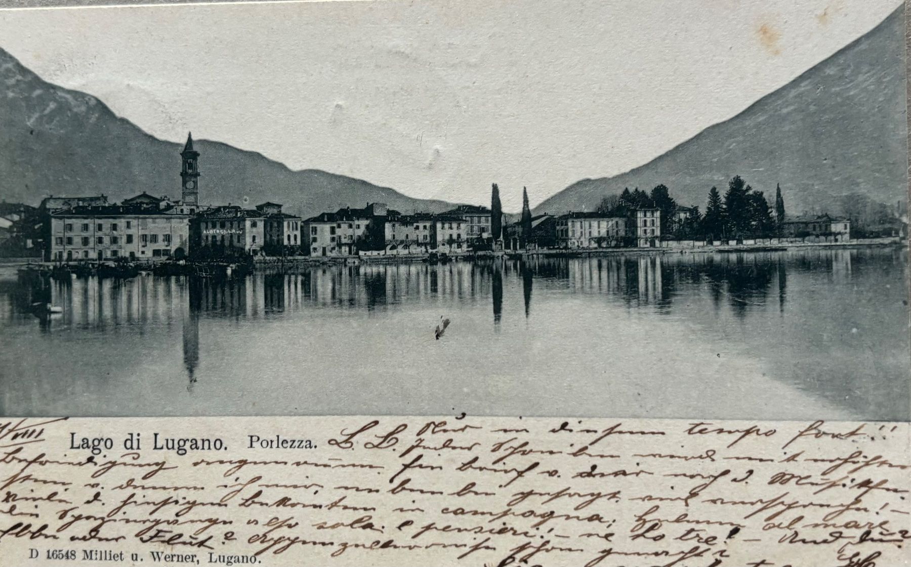 Cartoline postali: Lago di Lugano, Porlezza, 1903 – Usato da Frauenfeld venduto da Merk52