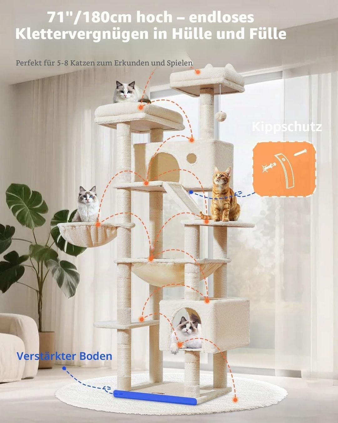 Arbres à chats: Kratzbaum 180cm Groß 2 Katzenhäuser Hängematte Beige – Neuf avec emballage d'origine à Schaffhausen par AllesMussRaus60 7