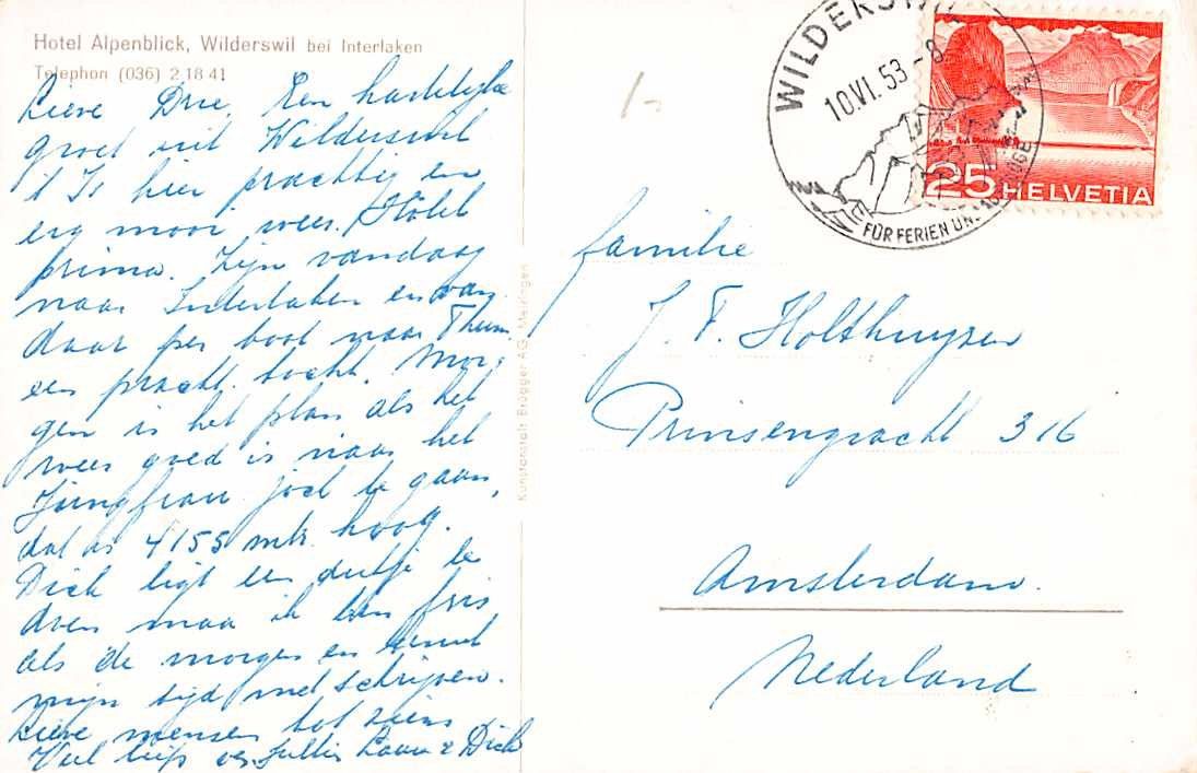Ansichtskarten: HOTEL ALPENBLICK WILDERSWIL 1953 – Gebraucht aus Lufingen von philatelieshop 1