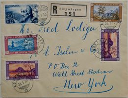 R-Brief nach USA 1930: Pro Juventute 1929 kpl. portogerecht