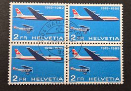 Flugzeug Swissair Jumbo Jet 1919 - 1969 Viererblock gestempe