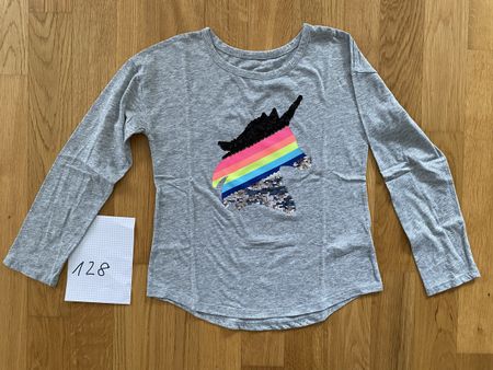 Kinder T-Shirt (Gr. 128), grau mit Einhorn & Pailletten✨