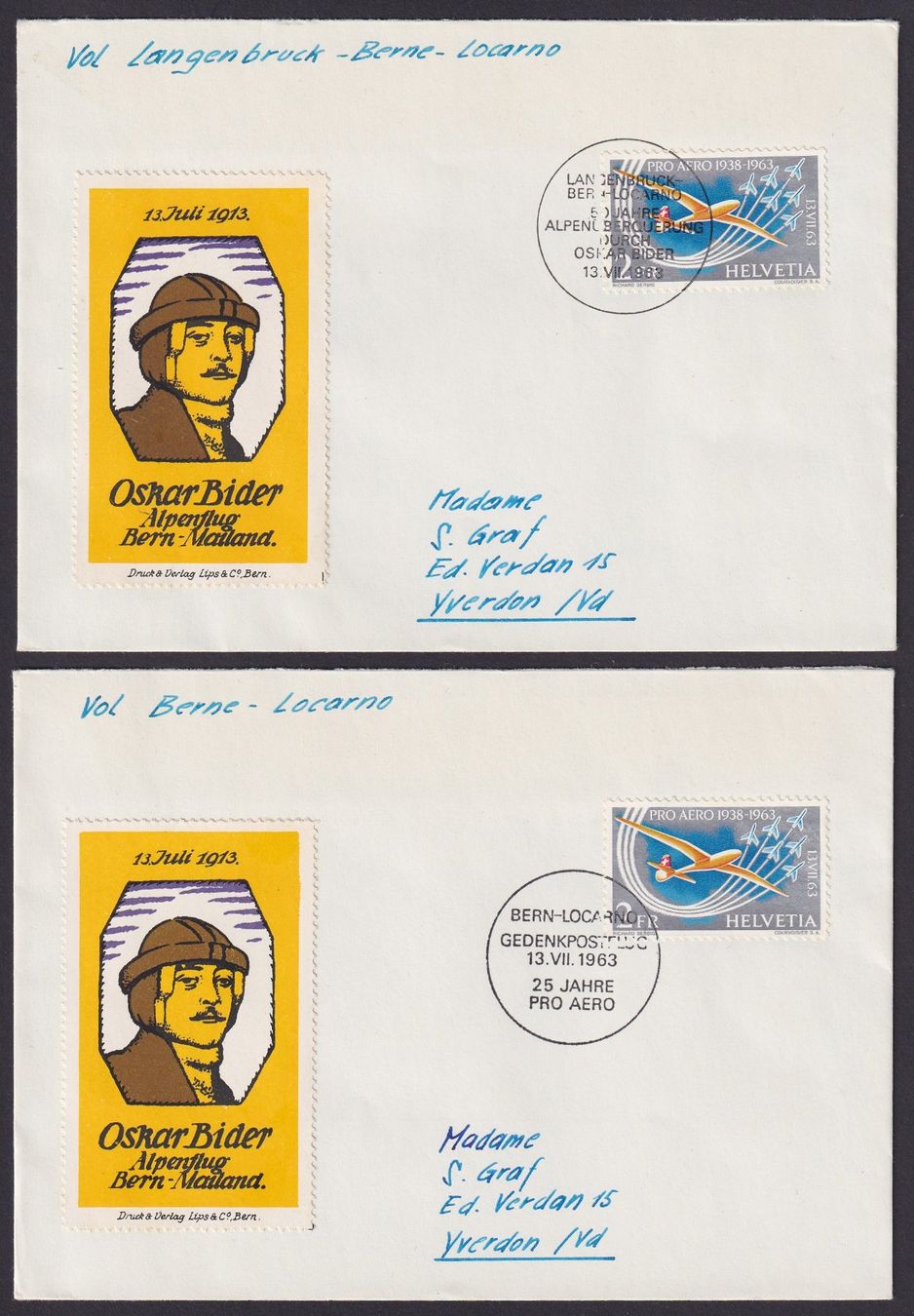 Alle Briefmarken: F46 verschiedene FDC mit Oskar Bider Flugspende - Vignette – Gebraucht aus Ebikon von SilvioFreund