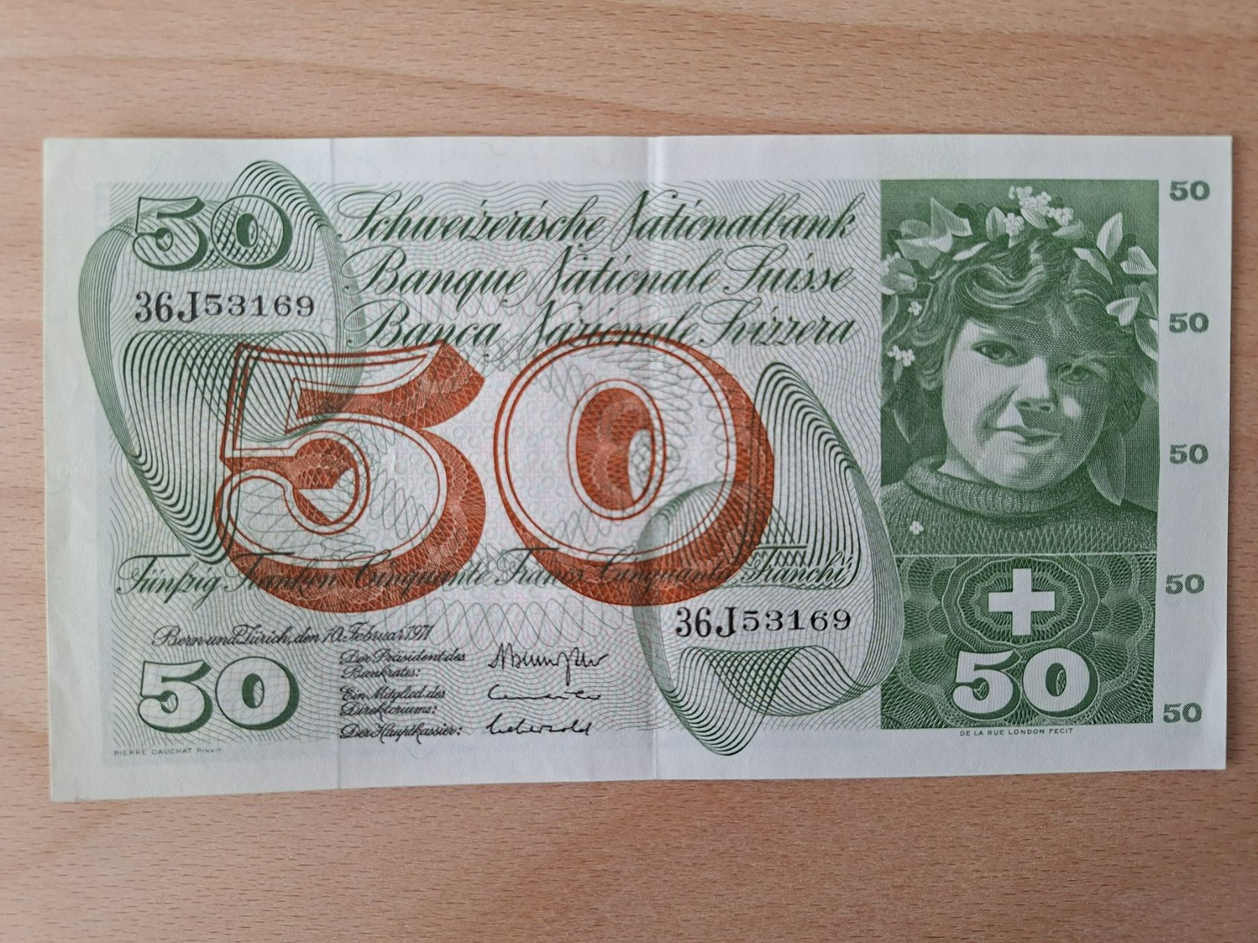 Banknoten: Schweizer Banknote 50.00 Franken, JG 1971 – Gebraucht aus Lohn-Ammannsegg von Beo71