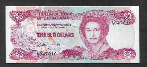 Banknoten: Bahamas  3  Dollars  Bankfrisch – Neu (gemäss Beschreibung) aus Gordola von coinsandnotes