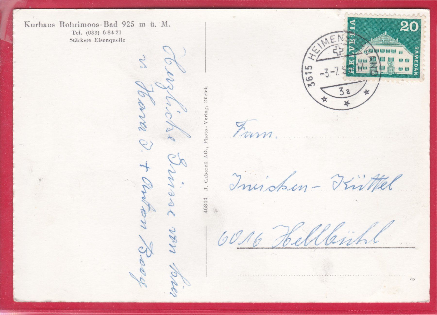 Cartoline postali: KURHAUS ROHRIMOOS BAD, 3.7.1958 – Usato da Oberrieden venduto da Gebirgsstelze 1