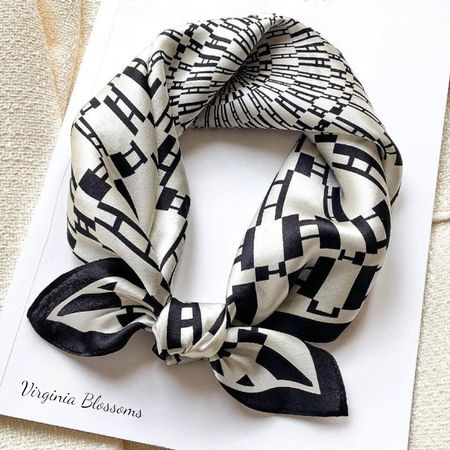 New 53cm Silk Scarf, Black and White Abstract H Print
