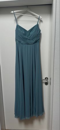 Abendkleid lang Petrol Grösse 40 Spitzenoberteil V-Ausschnit