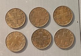 6x 2 Rappen Münzen 1957 Schweiz  Helvetia