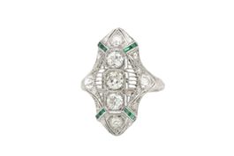Art Deco Vintage Ring Platin Diamanten & Smaragde *S4464