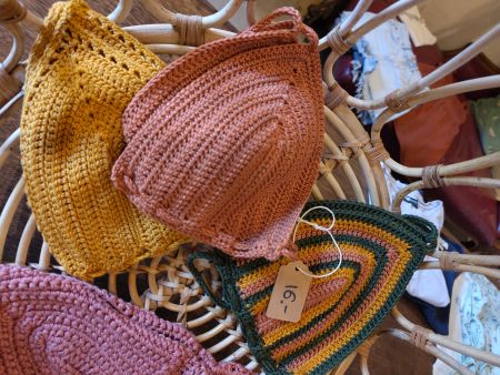 Gehäckeltes bikini top gestreift rosa, grün & gelb S cotton