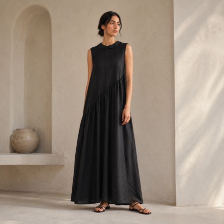 Ricorrrobe Black Linen Asymmetric Maxi Dress – Size S