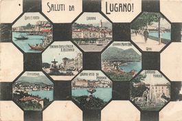 Lugano (TI) – Collage di viste: porto, Monte Brè, Paradiso