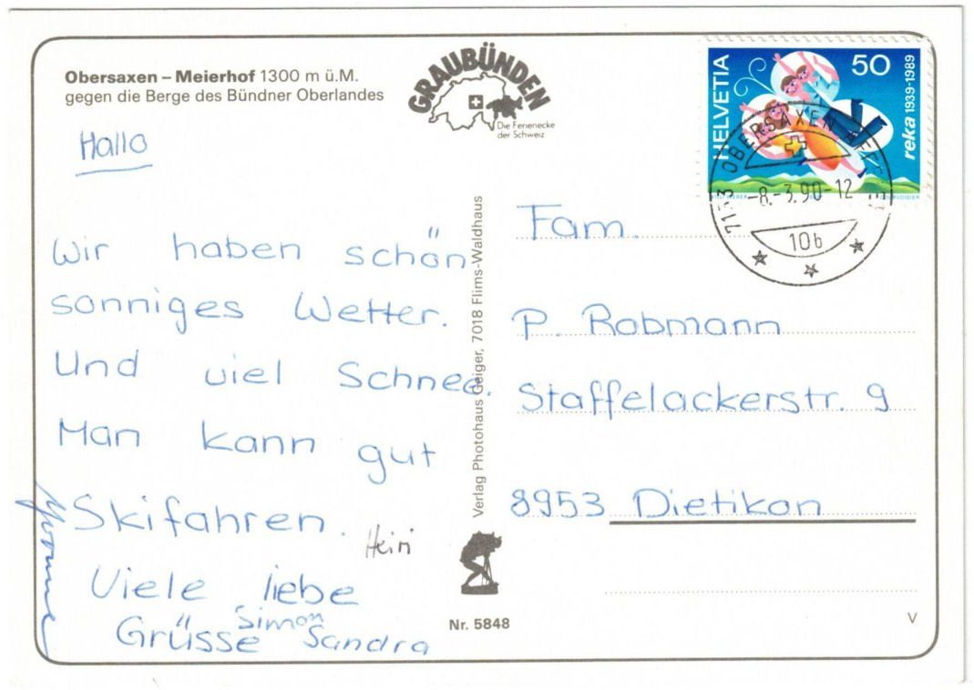 Cartoline postali: Obersaxen - Skilift Meierhof – Usato da Binningen venduto da Mountainrider 1