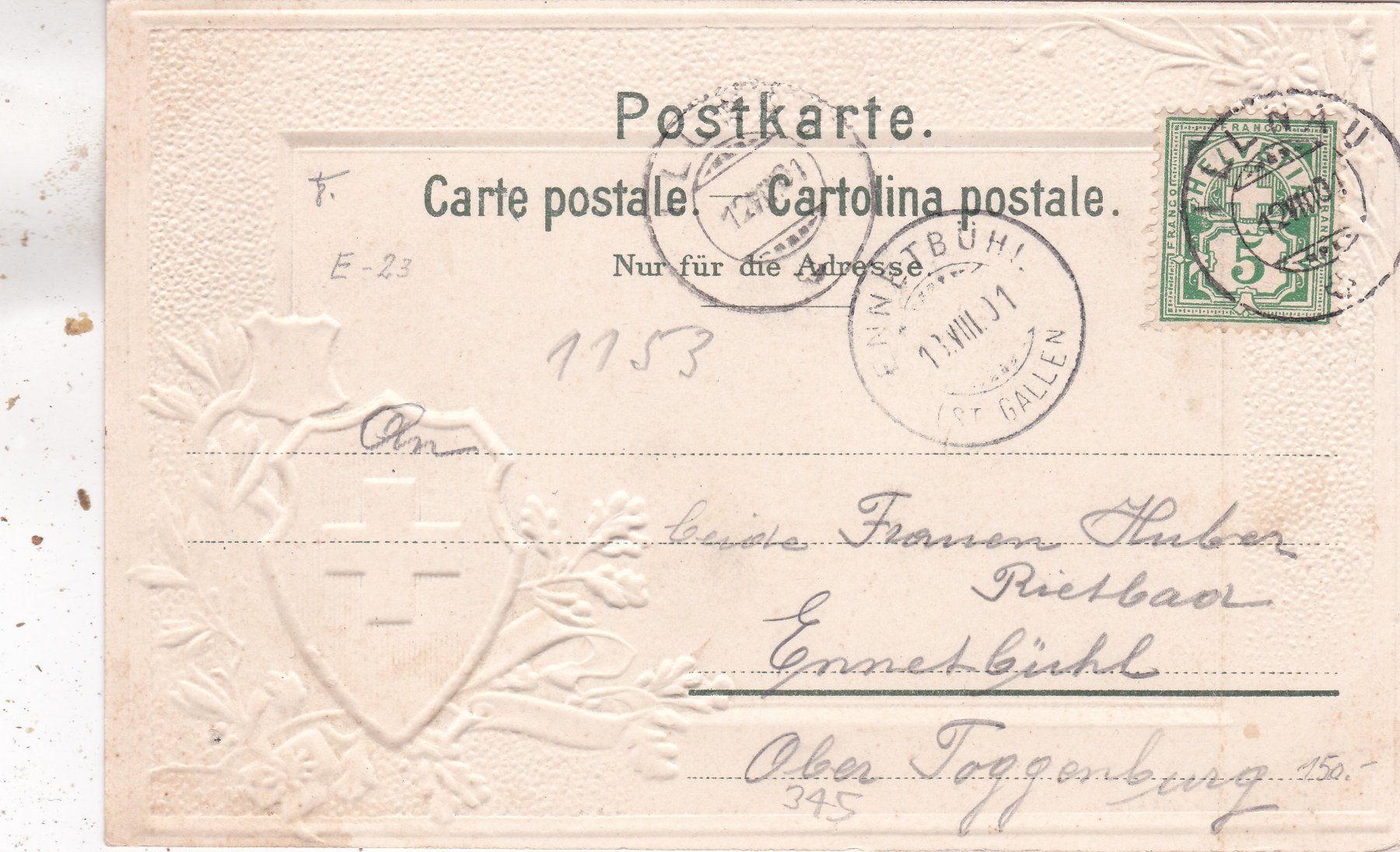 Cartoline postali: Basel Blumen Wappen Reliefkarte 1901 – Usato da Herisau venduto da Lisegrat2008 1