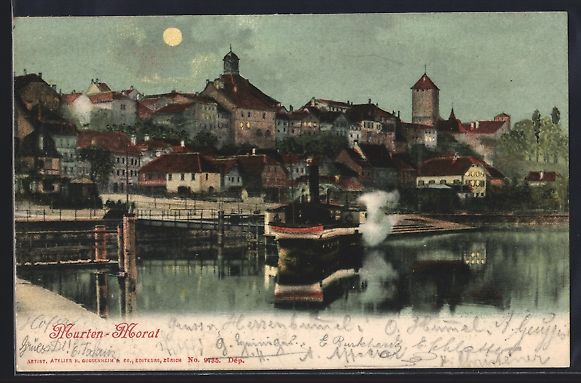 Cartoline postali: Murten /Morat, Ortsansicht mit Dampferan – Usato da Berlin venduto da bartko-reher