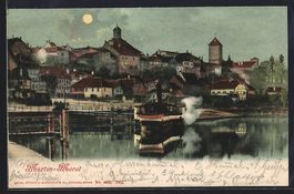 Murten /Morat, Ortsansicht mit Dampferan
