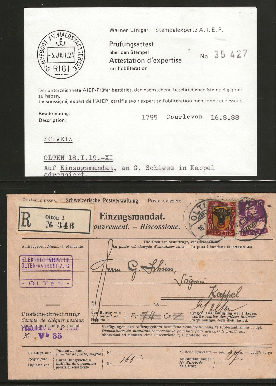 Tous les timbres: 1919 : Einzugmandat von Olten - mit Attest – D'occasion à Gümligen par Geniusbuy