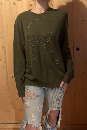Maglione Unisex verde scuro con teschio strass L/XL- unisex