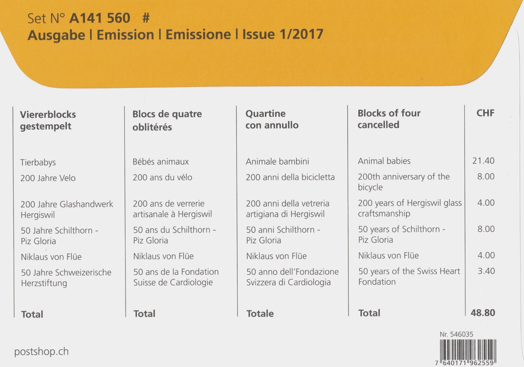 Tutti i francobolli: 2017/I   Schweiz   Vierblock   Ersttag   Postpreis CHF 48.80 – Usato da Mellingen venduto da Ginger 1