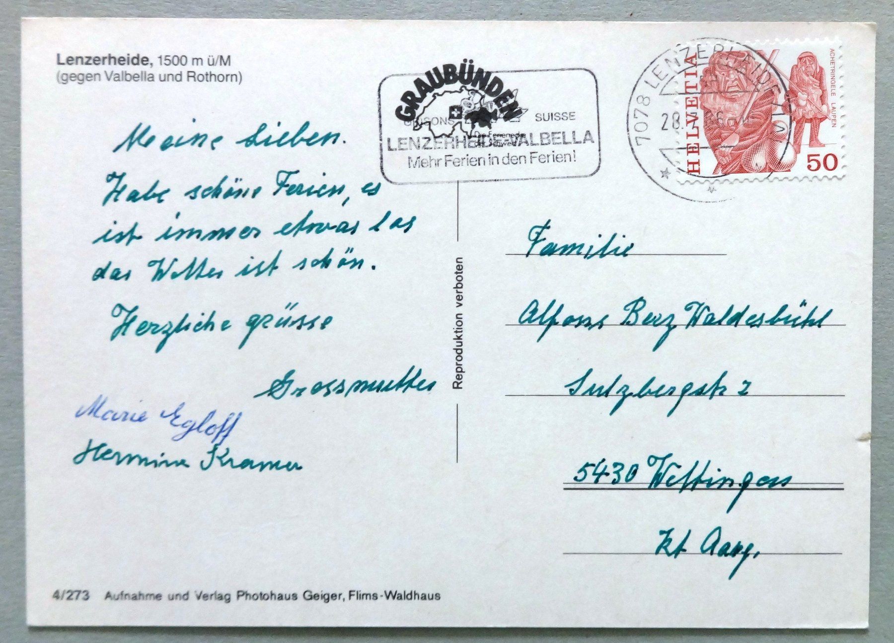 Cartoline postali: Lenzerheide, 1500 m ü/M – Usato da Fétigny venduto da Billy2miny 1