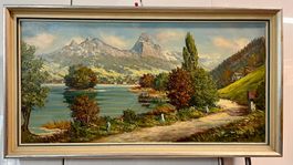 Gemälde Landschaft See Berge signiert
