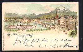 Litho Luzern, Hotel Schwanen mit Dampfer