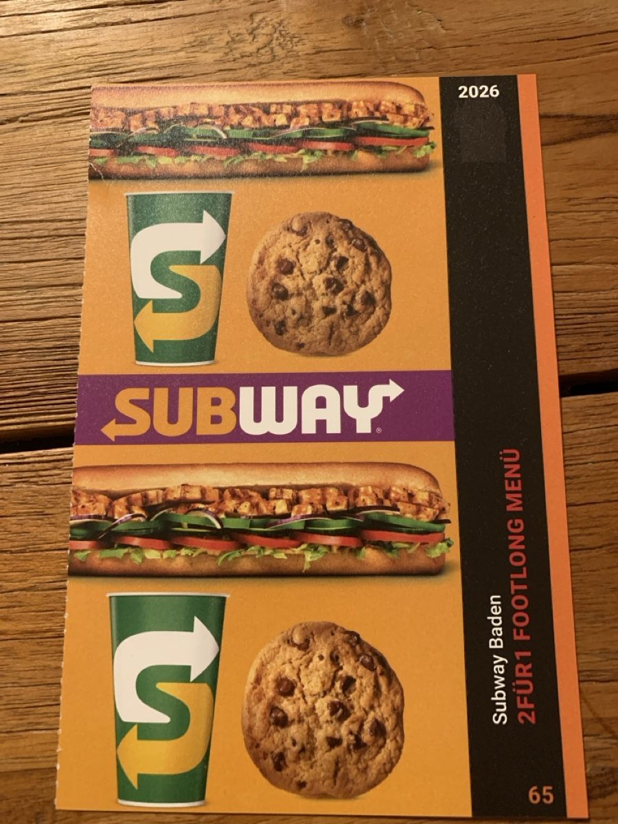 Gutscheine: 2für1 Footlong Menu, Subway Baden – Neu und originalverpackt aus Attelwil von TaraLee