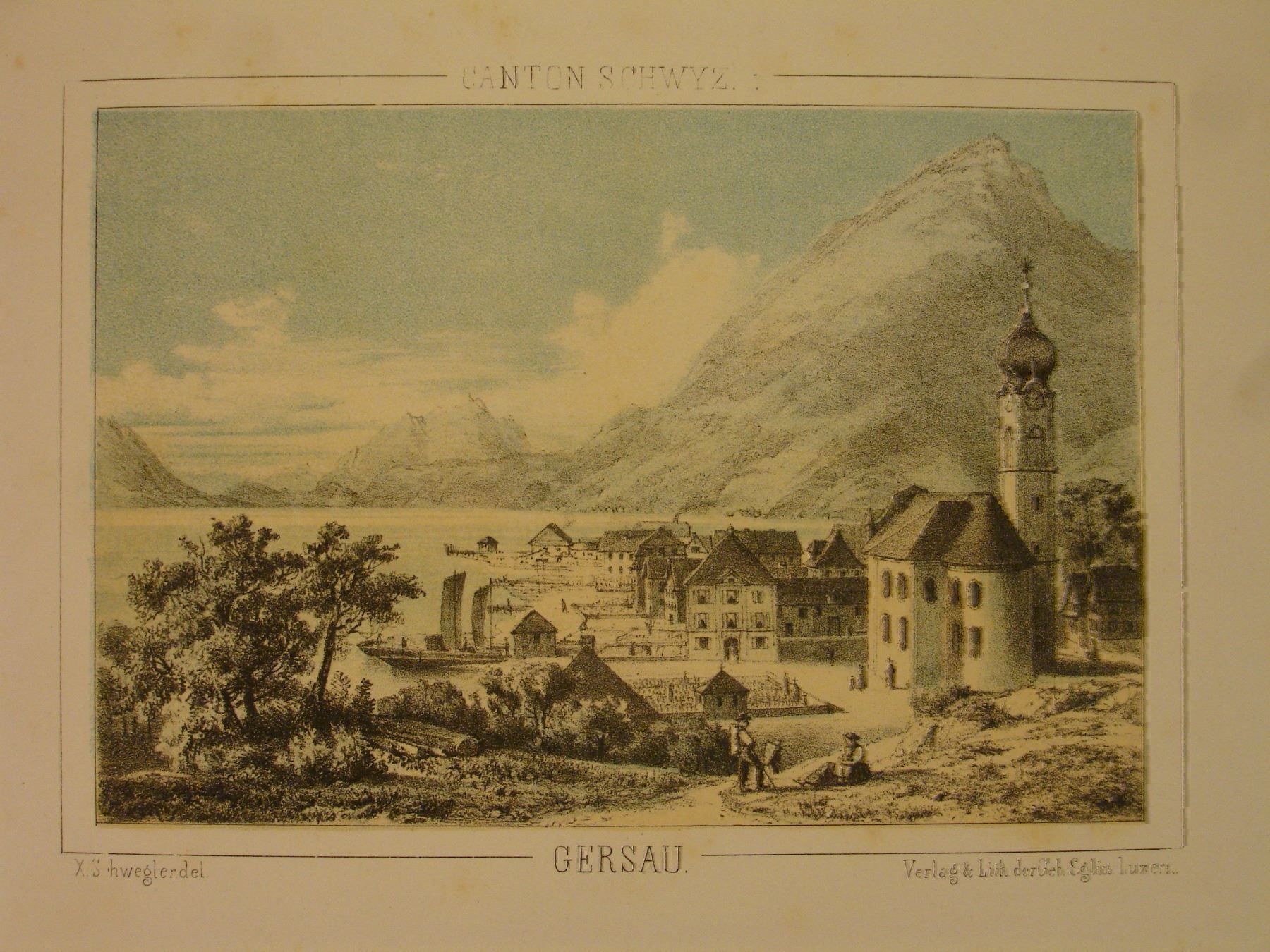 Grafica & Litografie: GERSAU, FARBLITHOGRAPHIE UM 1840 – Usato da Grüningen venduto da Kartensammler 1