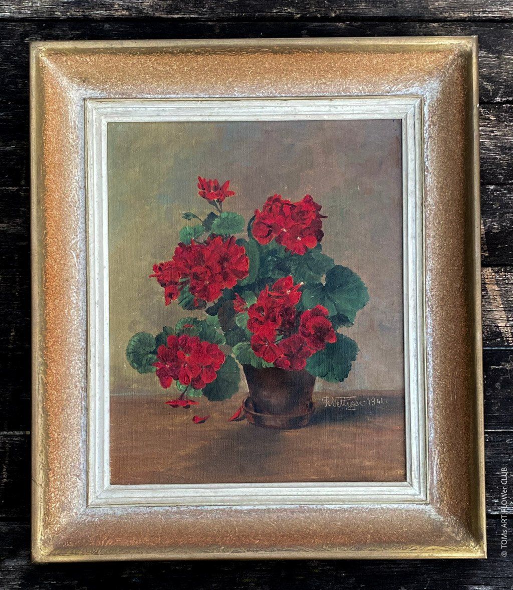 Dipinti: Franz Vettiger, 1944, rote Geranien, Oelgemälde – Usato da Adliswil venduto da TAKEYOURPLANT