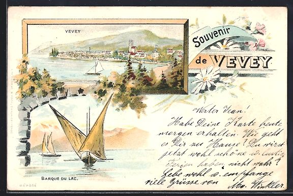 Cartoline postali: Litho Vevey, Ortsansicht, Barque du Lac – Usato da Berlin venduto da bartko-reher
