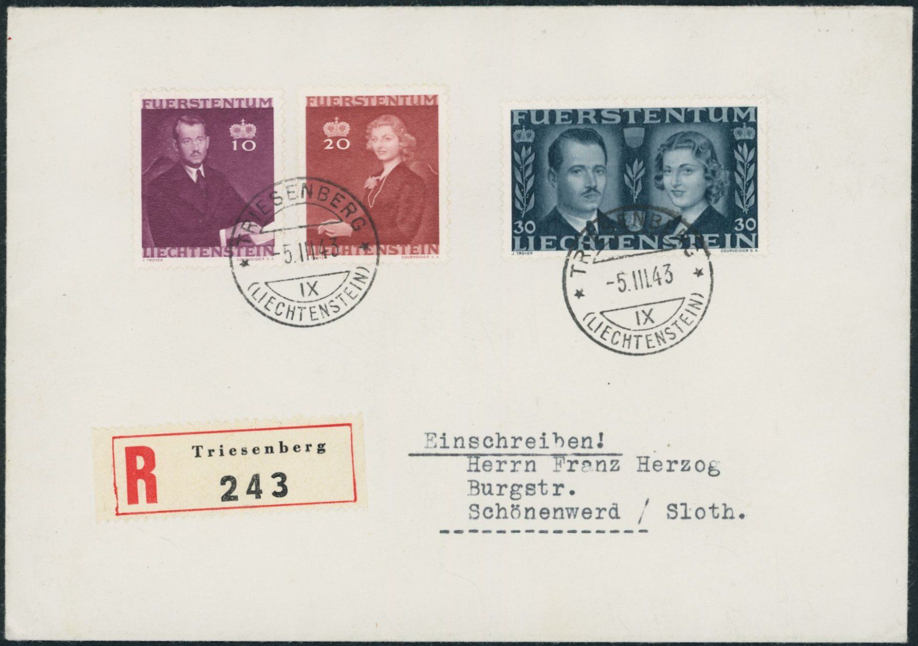 Alle Briefmarken: FL - 1943 - Vermählung - Ersttagsbrief FDC ET – Gebraucht aus Schindellegi von leecollect