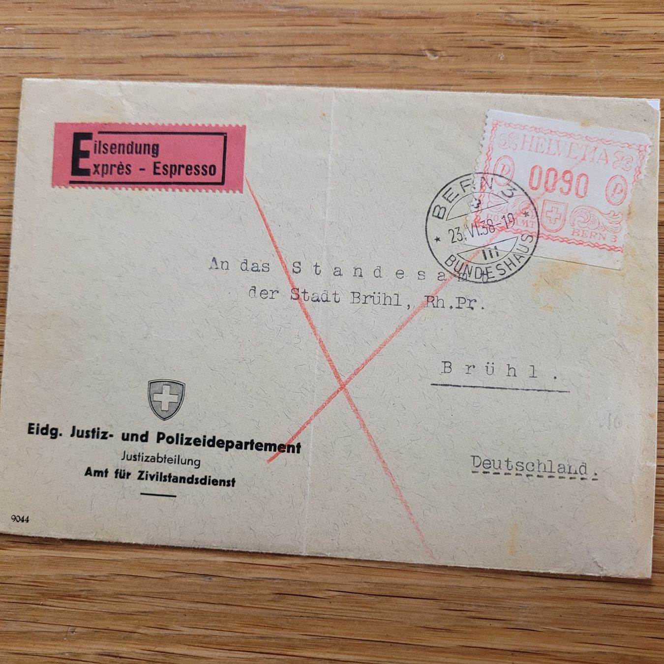 Dokumente: Dokument Rote Stempel Bern 1938 Brühl DE – Gebraucht aus Biel/Bienne von Destockweb