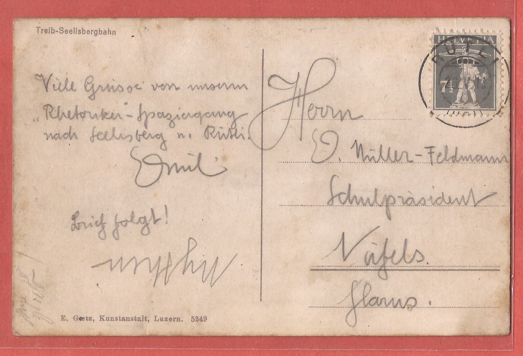 Cartoline postali: Bahn Treib-Seelisberg - 1918 – Usato da Fislisbach venduto da Porano 1