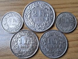 Silberlot 1/2, 1 + 2 Franken 1952/63 - 5 Stück!