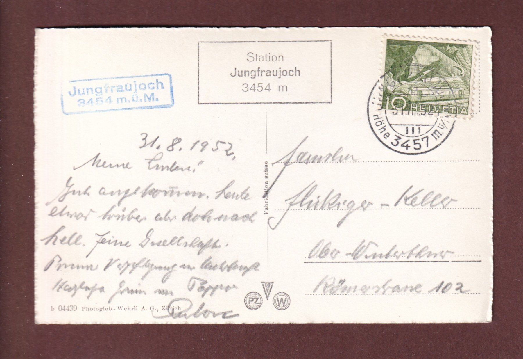 Cartoline postali: JUNGFRAUJOCH - Gletscherpalast - 1952 – Usato da Pully venduto da nicecards-shop 1