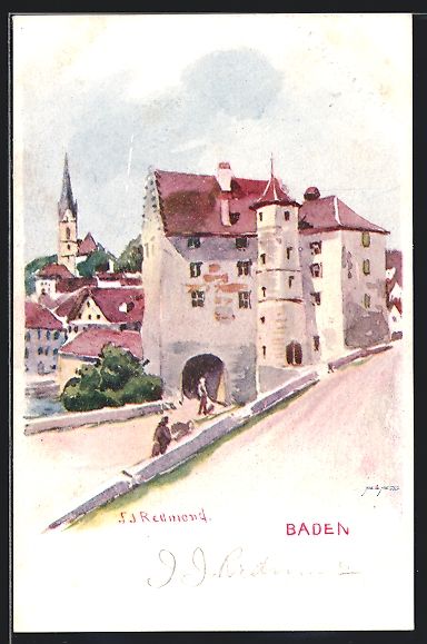 Cartoline postali: Litho Baden, Ortspartie am Flussufer – Usato da Berlin venduto da bartko-reher