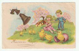 1945, Ostern "Joyeuses Pâques" Kindern und Küken, Defekt