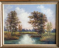 J. Bosshart, Öl / Leinwand, Landschaft, Fluss, Bäume, sign.